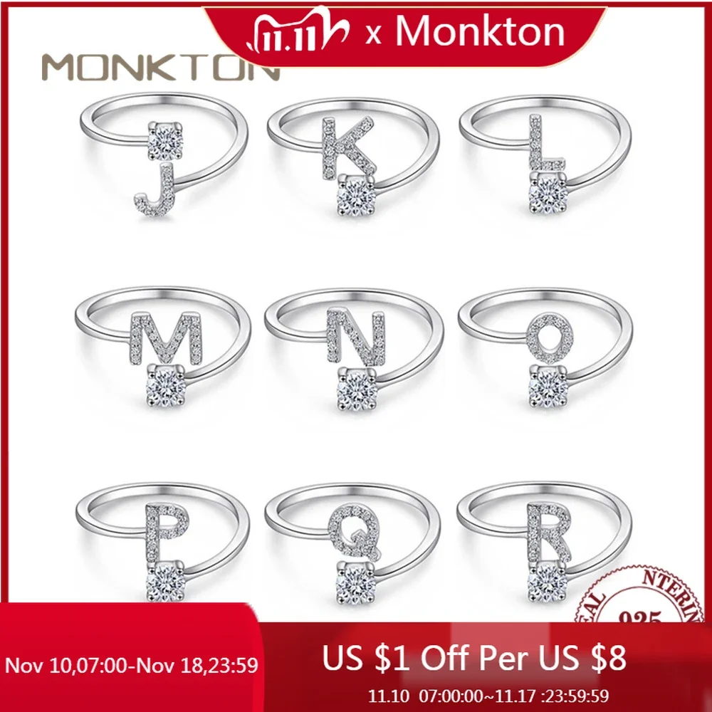 Monkton 100% 925 Sterling Silver Zircon Initial Letter Rings for Women Gold Ring A-Z Letters Finger Ring Couple Wedding Jewelry