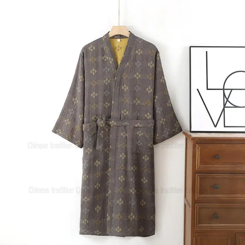 Men Plaid Kimono Cotton Sleepwear Autumn and Winter Peignoir Homme Shower Bathrobe Male Print Kimono Gown Pajamas Loungewear