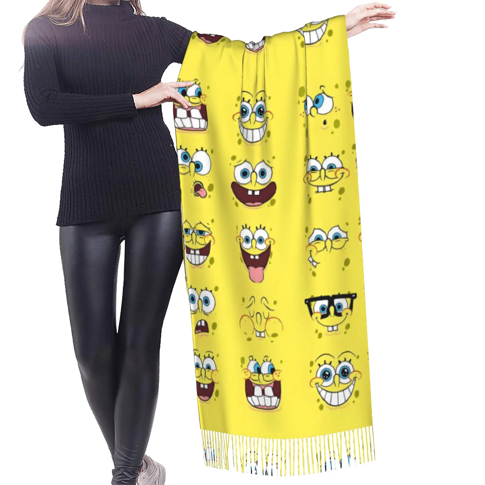 Custom Ladies Large S-Sponges Anime Bobes Scarves Women Winter Fall Thick Warm Tassel Shawl Wraps Starfish Cartoon Scarf