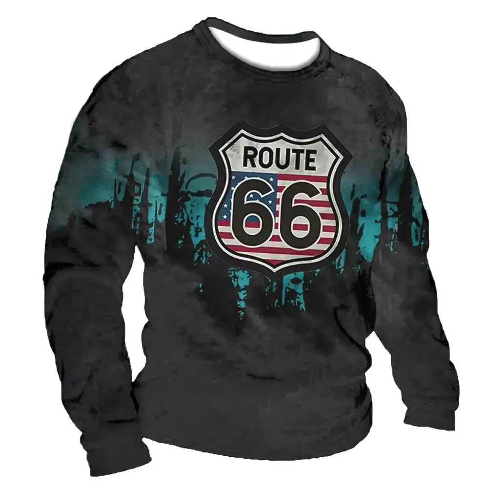 3D Print Fall T-Shirt Vintage Men\'s T Shirt Long Sleeve Top Tees USA Route 66 Letter Graphic Oversized Loose Clothing 5XL