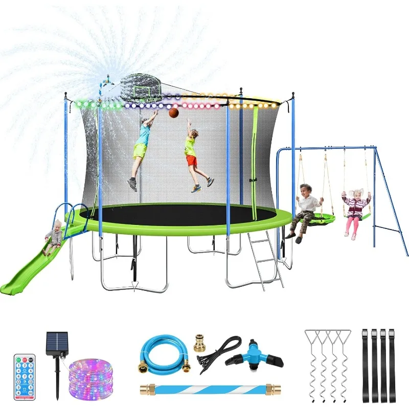 

Батут 12–14 футов с горками, качелями, баскетбольным кольцом и лестницей — одобренное ASTM оборудование для отдыха на заднем дворе с N