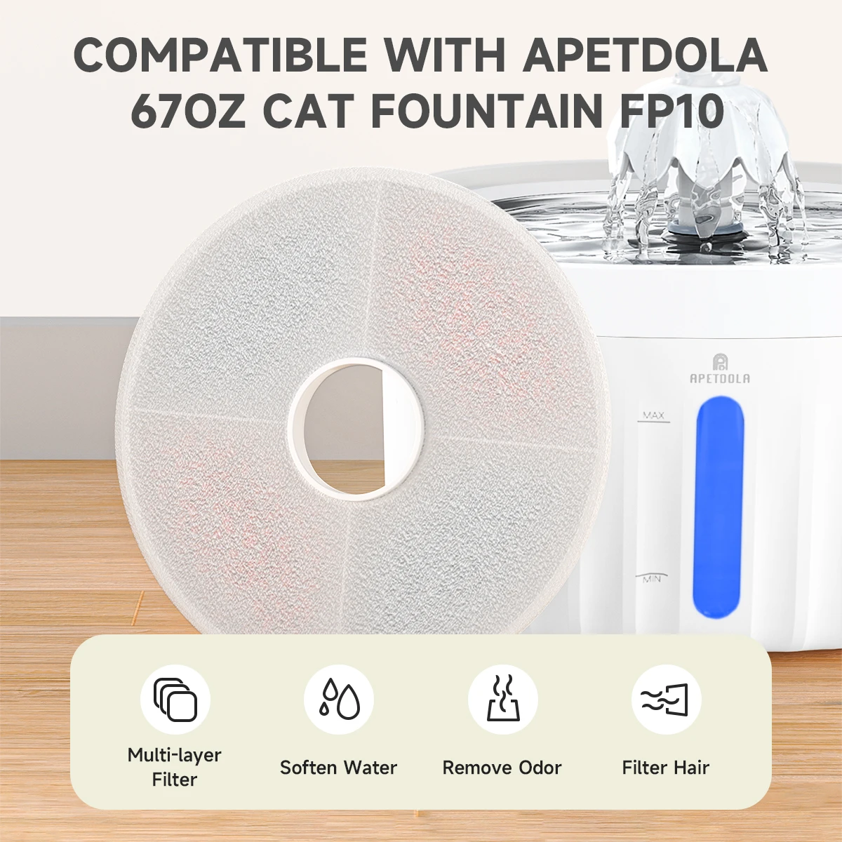 Replacement Filters For APETDOLA FP10 Water Fountain Drinking Dispenser with Activated Carbon 6-layer Filtration System 4 Pack