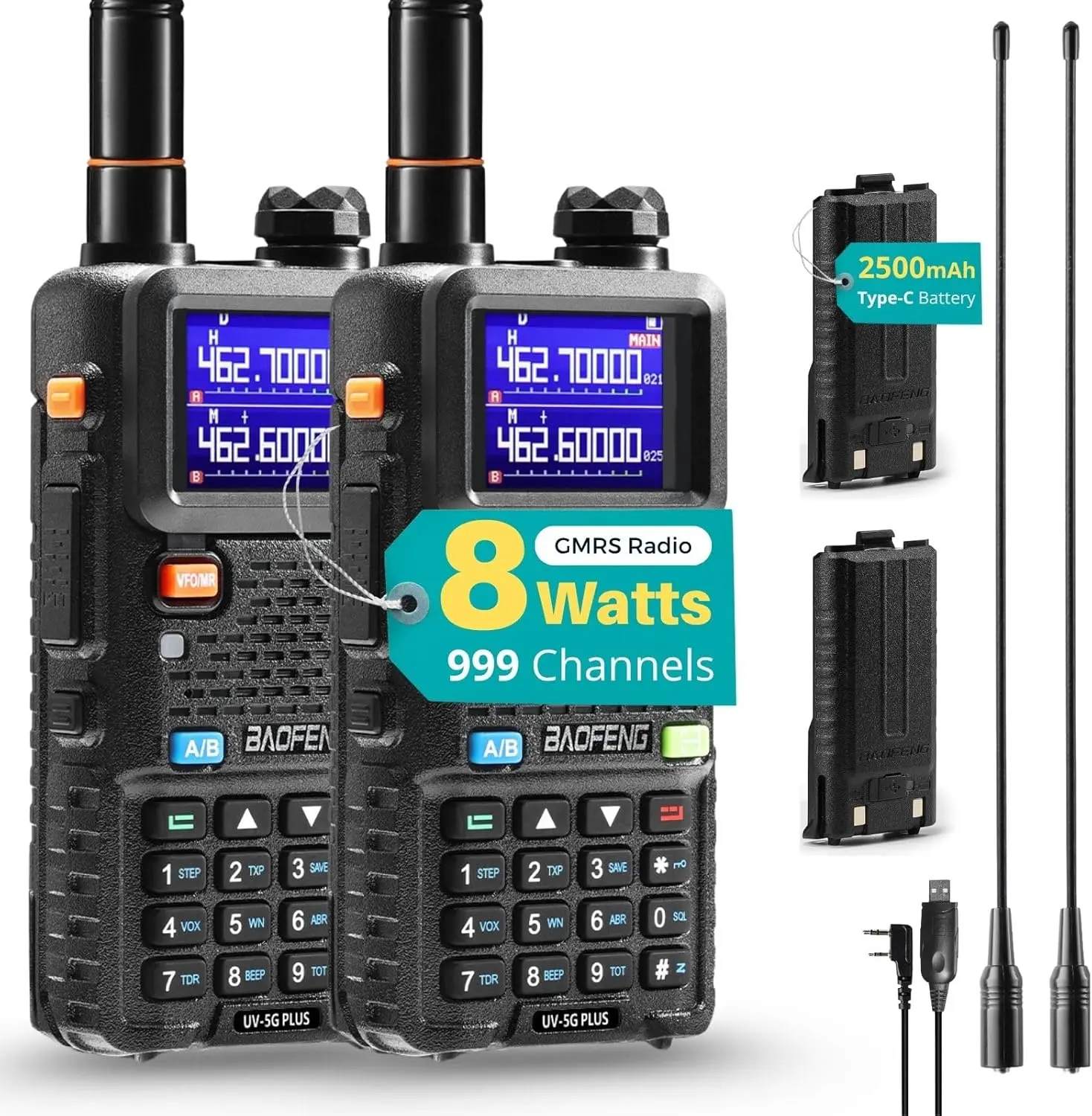 

Long Range GMRS Two-Way Radio, 999 Channels, NOAA Weather, USB-C Charging, 2 Pack with Antennas