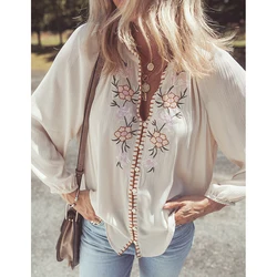 Floral Embroidery Cotton Rayon Ethnic Bohemia Blouse Shirts Women Tops Long Sleeve Loose Summer Boho Beach Holiday Ladies Blusas