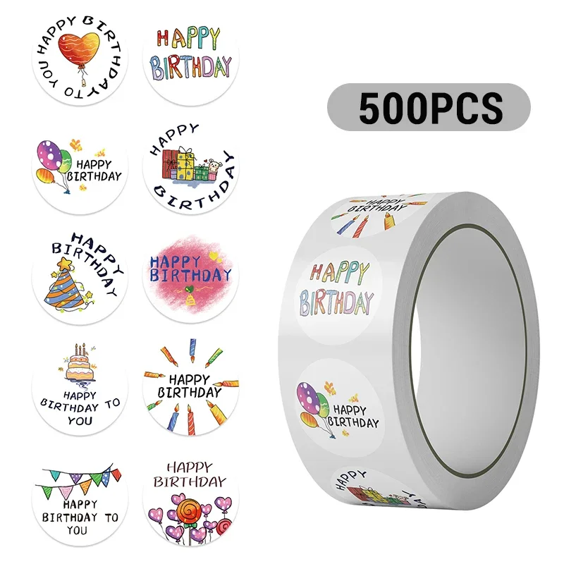 500pcs Happy Birthday Roll Stickers Adorable Balloon Shaped Stickers Fun Birthday Cake Greeting Stickers for Party Decorations