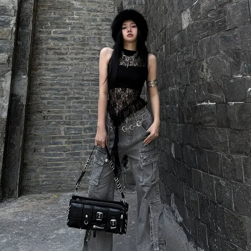 Canottiera sexy con lacci in pizzo con scollo all'americana da donna Dark Street Spicy Girl Slim Fit irregolare Crop Top Canotte Y2k senza maniche trasparenti retrò