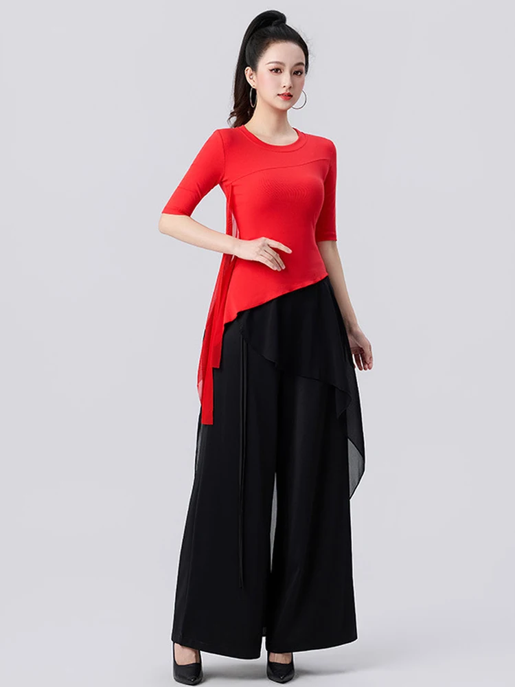 spring-new-style-modern-dance-square-dance-wide-leg-pants-women's-outfit-asymmetrical-spiral-cotton-top-with-chiffon-skirt