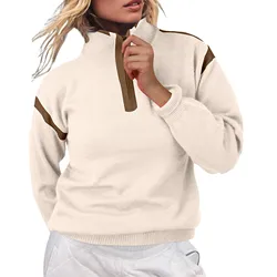 Women Fleece Half Zip Sweatshirts Autumn Long Sleeve Loose Stand Collar Hoodies Retro Solid Color Ladies Hoodie Ropa De Mujer