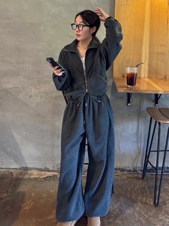 Setelan Bulu Domba Fce Dua Sisi Wanita Korea, Pakaian Musim Dingin Modis, Setelan Dua Potong, Hangat, dan Trendi