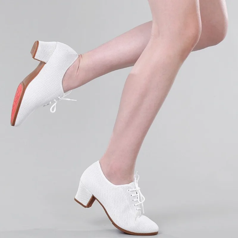 Women Summer Mesh Dance Shoes Latin Ballroom Soft Sole Mid Heel Teacher Square Dance Shoes