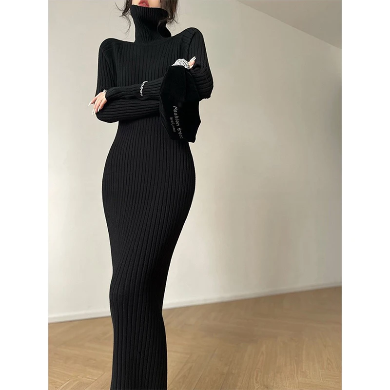 MEXZT Elegante Schwarze Gestrickte Midi Kleid Frauen Mode Rollkragenpullover Kleider Winter Koreanische Langarm Bodycon Vestidos Neue