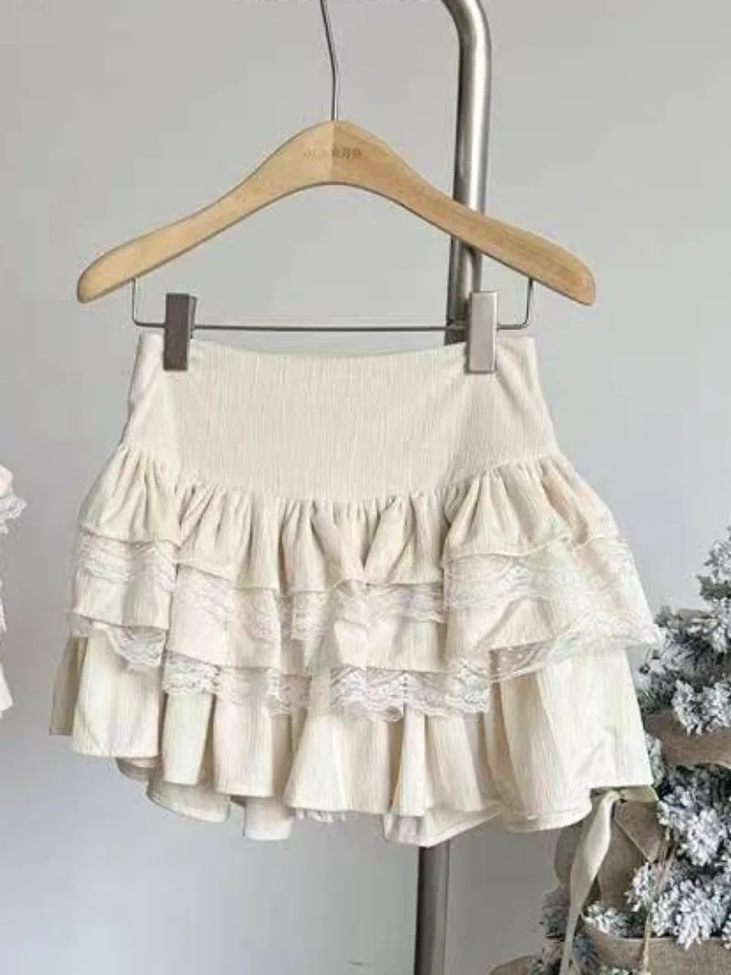 Japanese Girls White Mini Cake Skirts Lace Patchwork Sweet A-line Jupe High Street Bow Fashion Y2k Skirt Harajuku Streetwear Ins