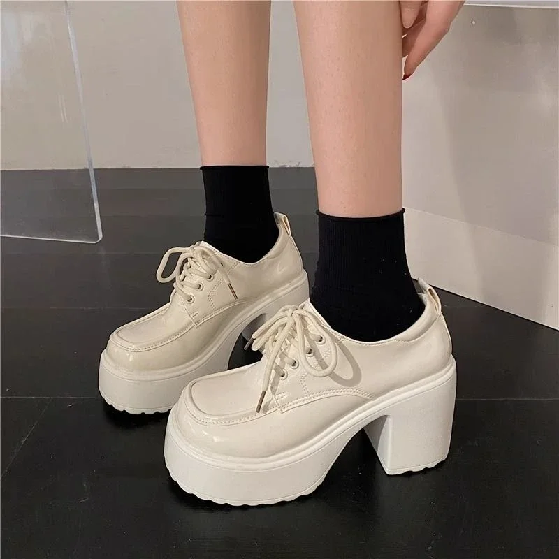 

2025 New Arrival French Retro Versatile Lace Up Thick Sole Super High Heel Women's Mary Jane Leather Shoes Spring Autumn