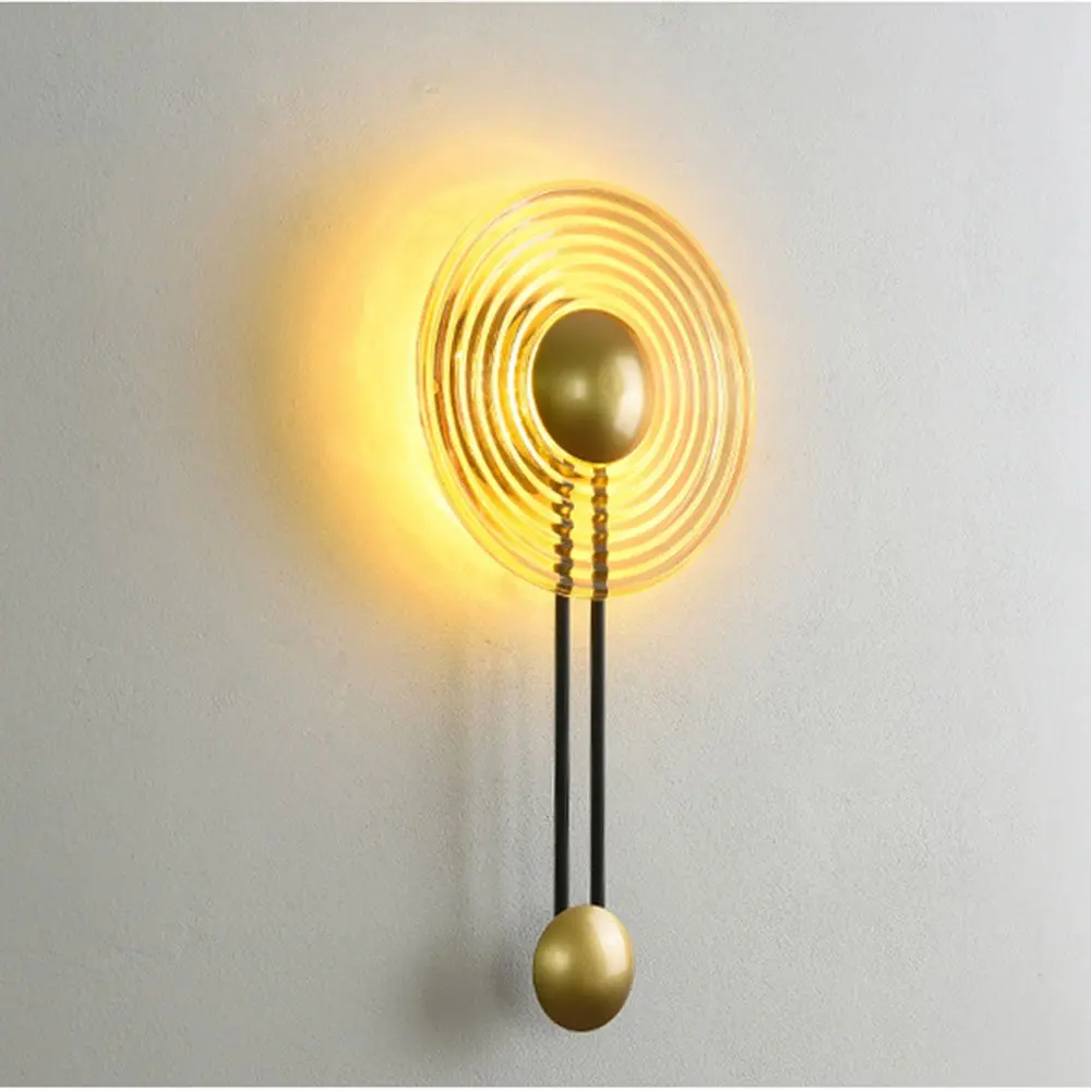 Nordic Luxury Pendulum Wall Sconce Modern Gold Ribbed Round LED Light Minimalist Creative Hanging Lamp for Bedroom Bedside