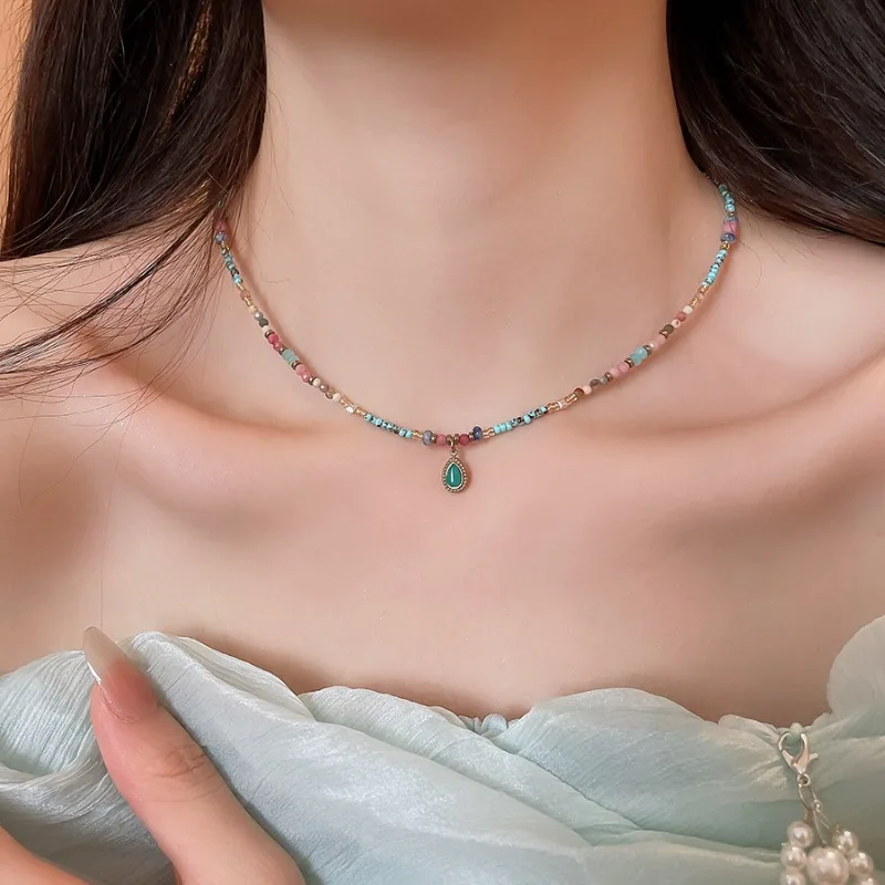 Minar Ethnic Mix Color Natural Stone Beads Water Drop Pendant Necklaces for Women 18K Gold Stainless Steel Chain Strand Chokers
