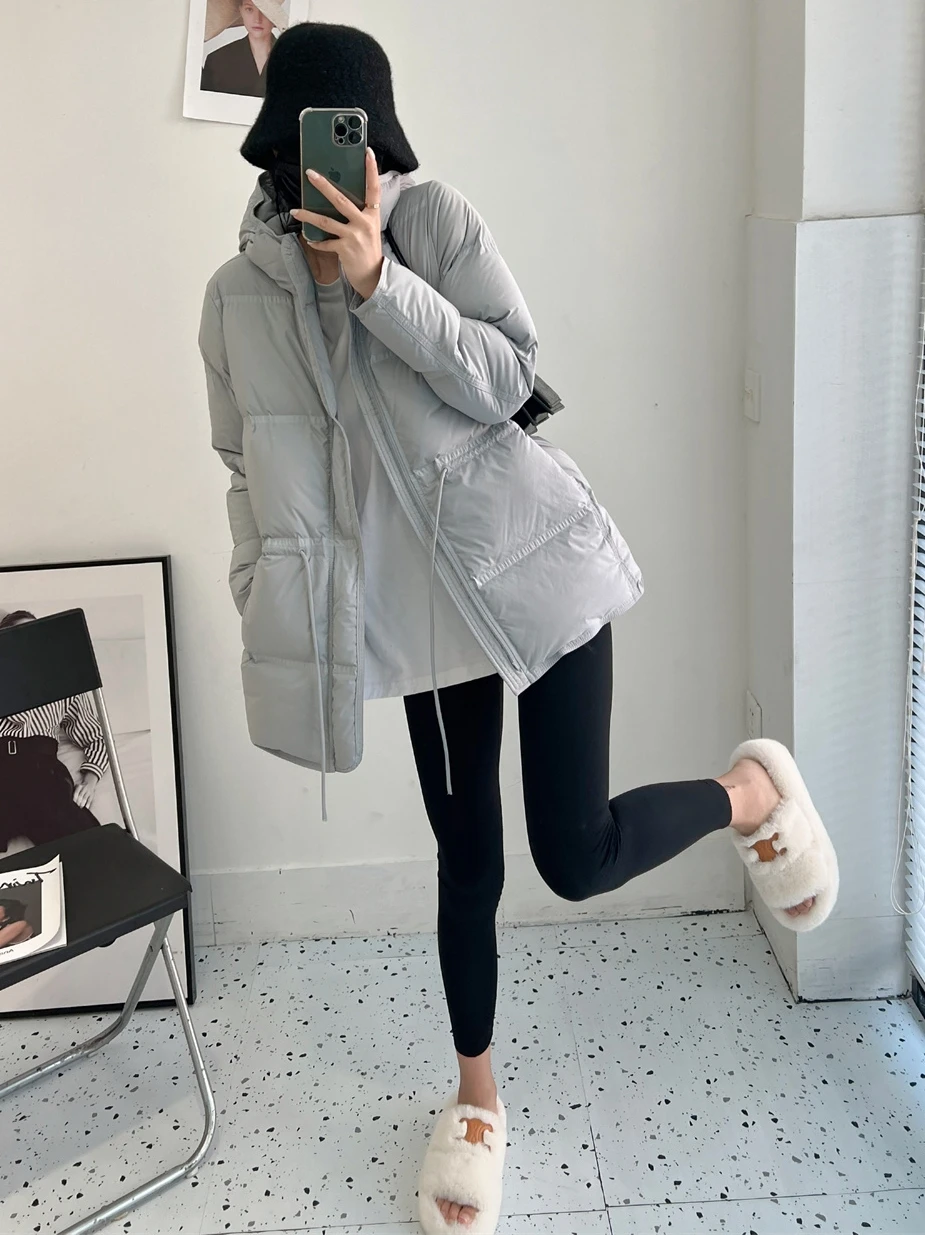 معطف نسائي من Ele بقلنسوة من Jaet عالي الجودة دافئ من Thiened Personali جميل بخصر 90 معطف أبيض من الريش