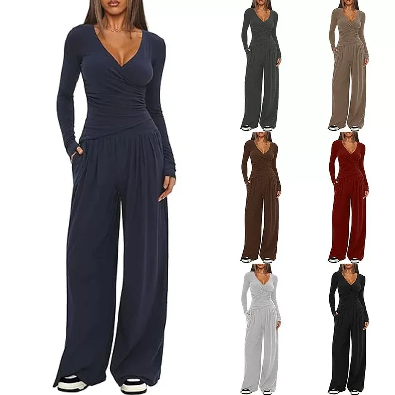 2025, Herbst und Winter, neue Damen-Hosen mit weitem Bein, zweiteiliges Set, lässige und bequeme Damen-Oberteile