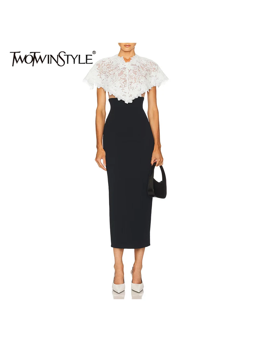 TWOTWINSTYLE Hit Color Slimming Spliced Lace Temperament Dresses for Women V Neck Sleeveless Tunic Elegant Dress Female Clothing