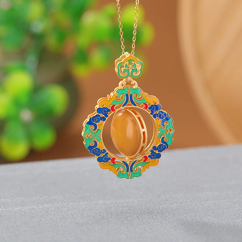 S925 Sterling Silver Gold-Plated Amber Landscape Cloisonné Cloud Ruyi Rotating Cabochon Pendant