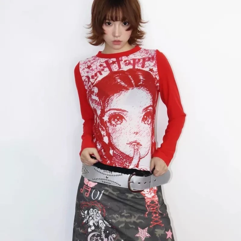 

Deeptown Harajuku Japanese Style T Shirts Women Vintage Y2k Gothic Red Tees 2000s Grunge Long Sleeve Graphic T-Shirts Aesthetics