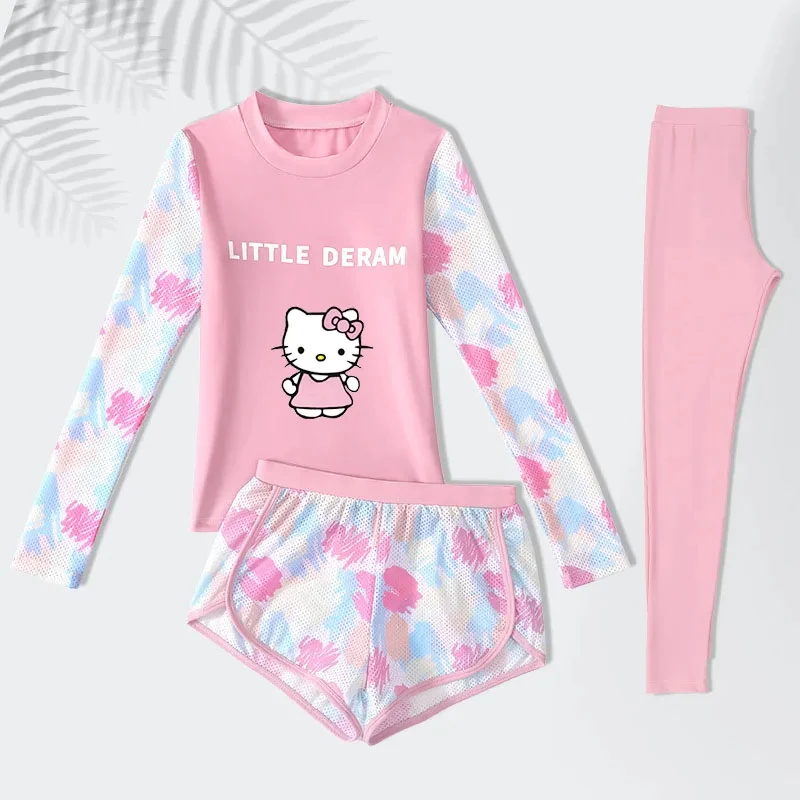 Sanrio Hallo Kitty Cinnamoroll Kinder schwimmen Kinder Sommer lang ärmel ige lange Shorts Badeanzug UV-Schutz dreiteiligen Anzug