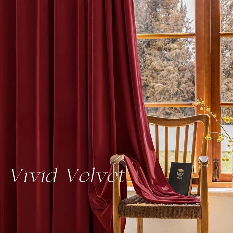 Vintage ไวน์แดงกํามะหยี่ม่านบังแดดสําหรับห้องนอนห้องนั่งเล่นหนาป้องกันเสียงรบกวนยุโรปสไตล์ High-end Luxury ผ้าม่าน