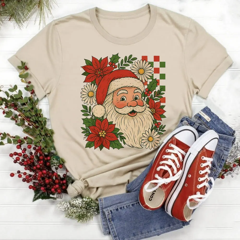 Checkered Santa Claus Women T Shirt Santa Claus Tops High Quality Cotton Comfortable Personality Tops Aesthetic Clothes