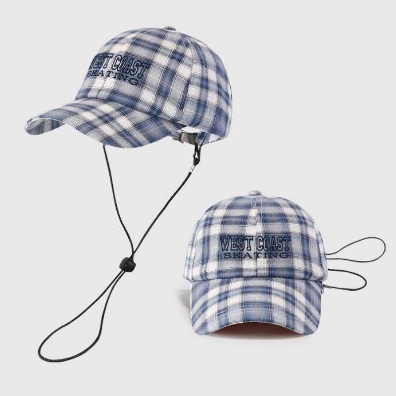 Unisex Cotton Plaid Baseball Cap Letter Embroidery - Adjustable Lightweight Outdoor Hat Built-in Windproof Rope Caps Adventure