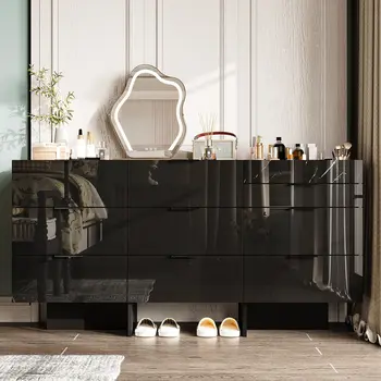 FUFU&GAGA 高光澤九抽屜櫃,帶金屬把手,大理石紋理儲物櫃,適用於客廳、玄關,黑色 10 最佳銷售 九抽屜櫃 - №9