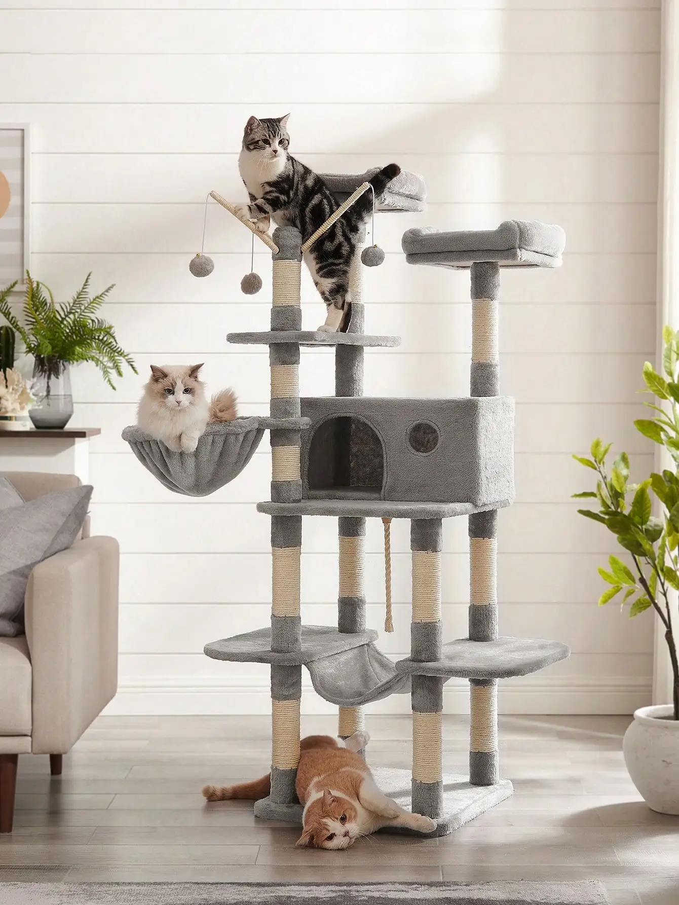 Feandrea Cat Scratching Post, XXL Perch, 164 cm, Light Grey