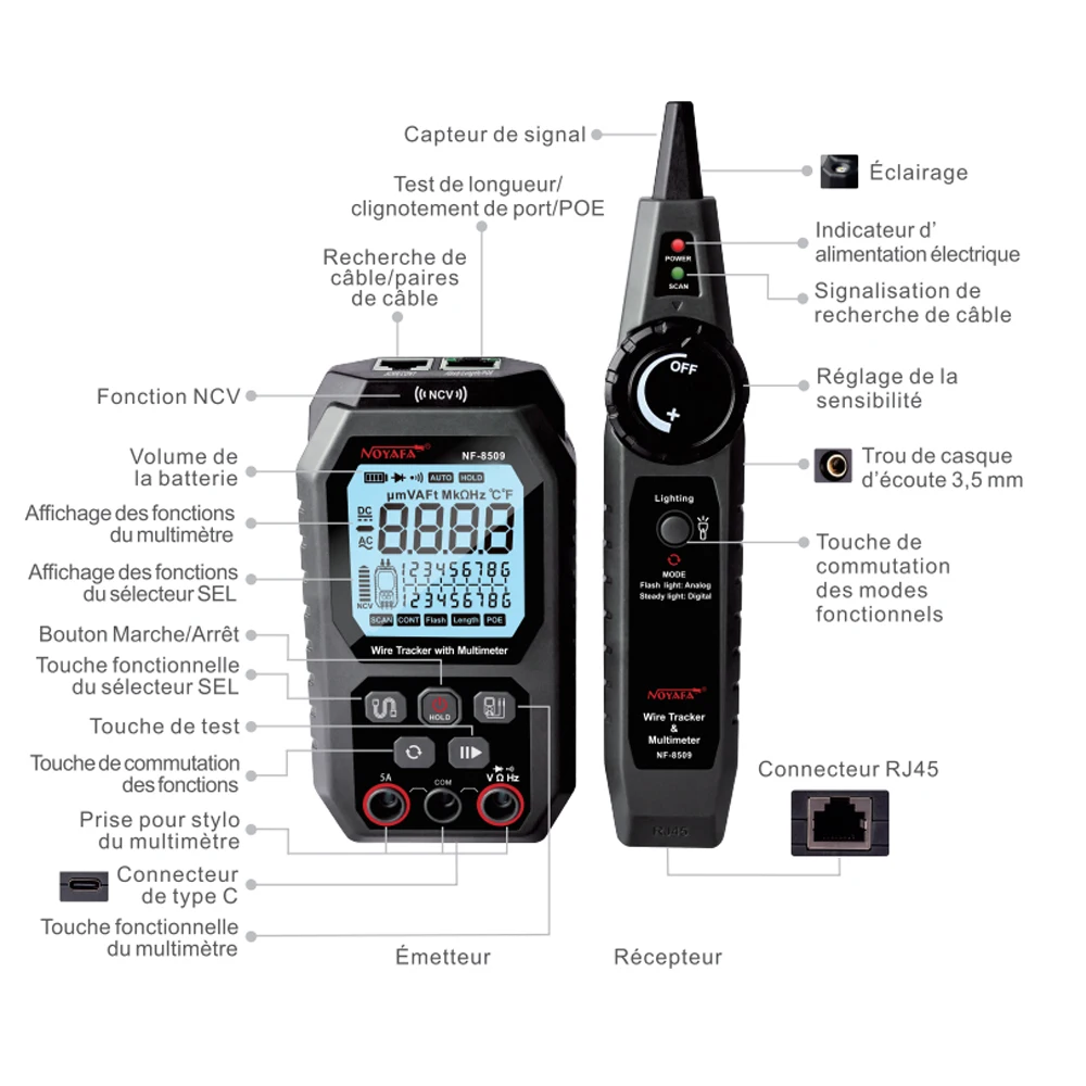 NOYAFA NF-8509 dwa w jednym miernik testujący lince sieciowej do testu POE NCV AC DC LCD Wire Tracke