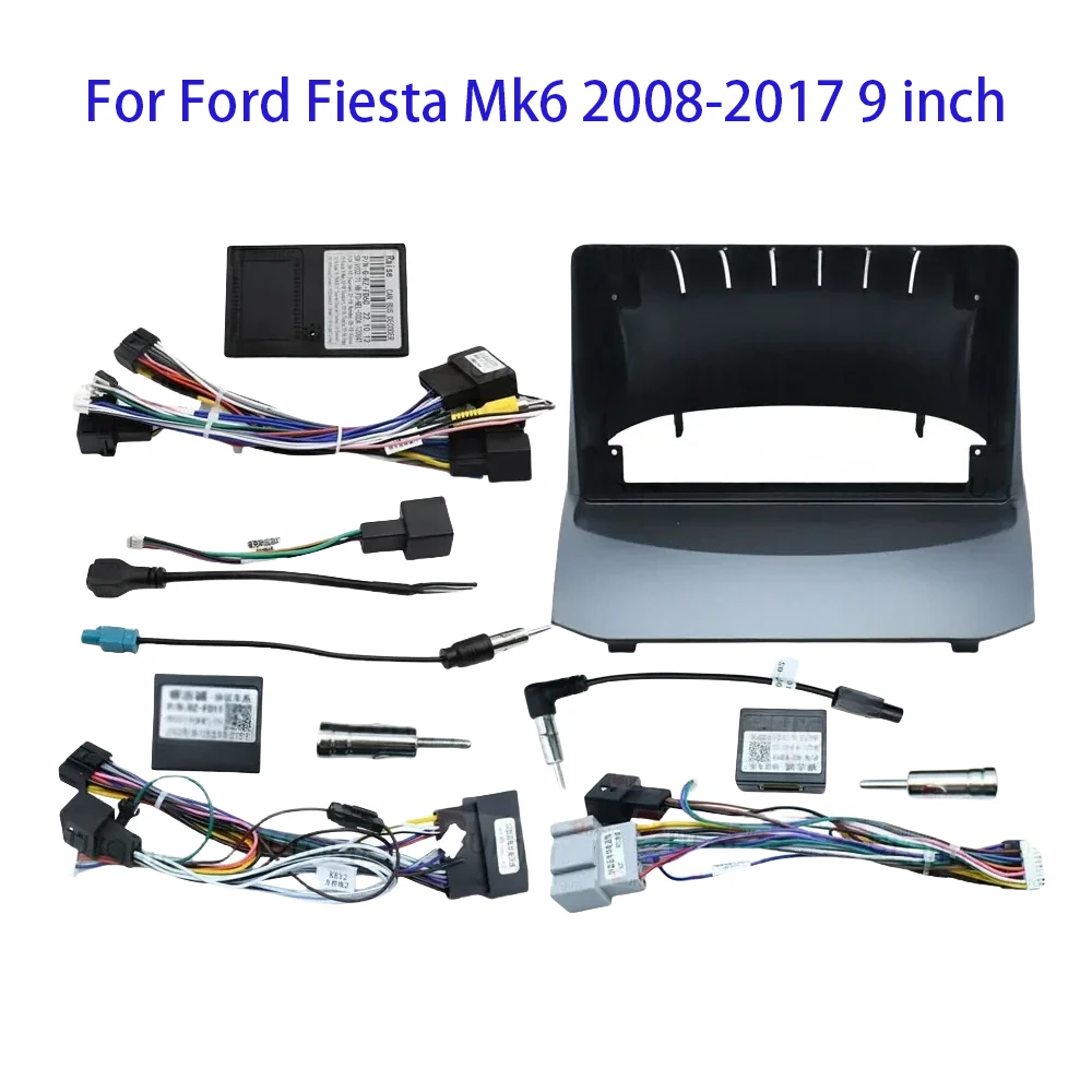 Car Radio Fascias Frame For Ford Fiesta Mk6 2008-2017 9 inch 2DIN Stereo Panel 16PIN Wiring Harness Power Cord