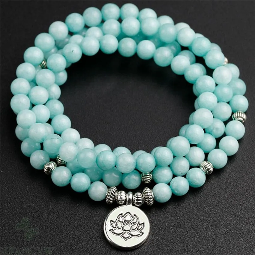 6mm Blue Jade 108 Beads Lotus Pendant Bracelet Karma Chain Sacred Artisan Men Bodhi Women Prayer