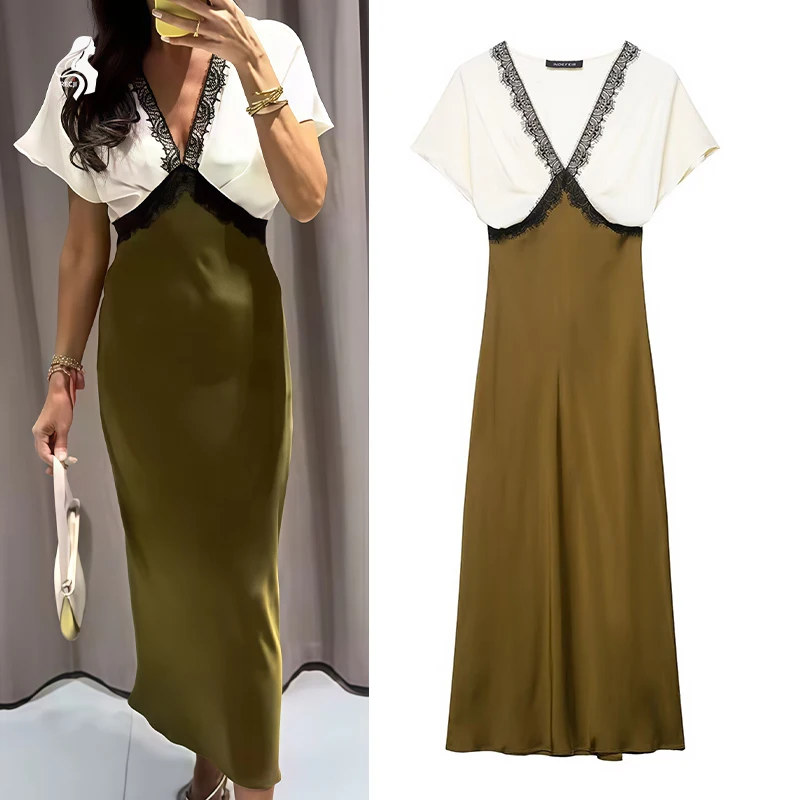 Elegantes Damenkleid mit Farbblock-Spitze und Satinsätzen. Anmutiges und sexy Midikleid. Muss für Partys und Abendveranstaltungen