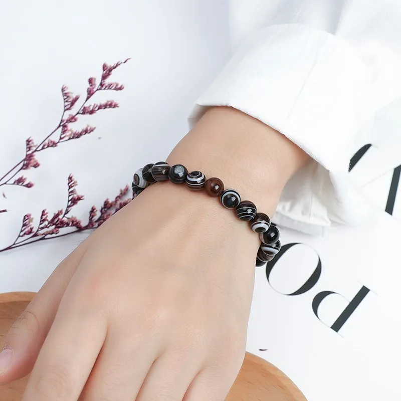 JD 7A Natural With Eyes Black Agate Bracelet  6 8 10 12 14MM Pick Size Jewelry Natural Black Stripe Agates Stone Beads Bracelet