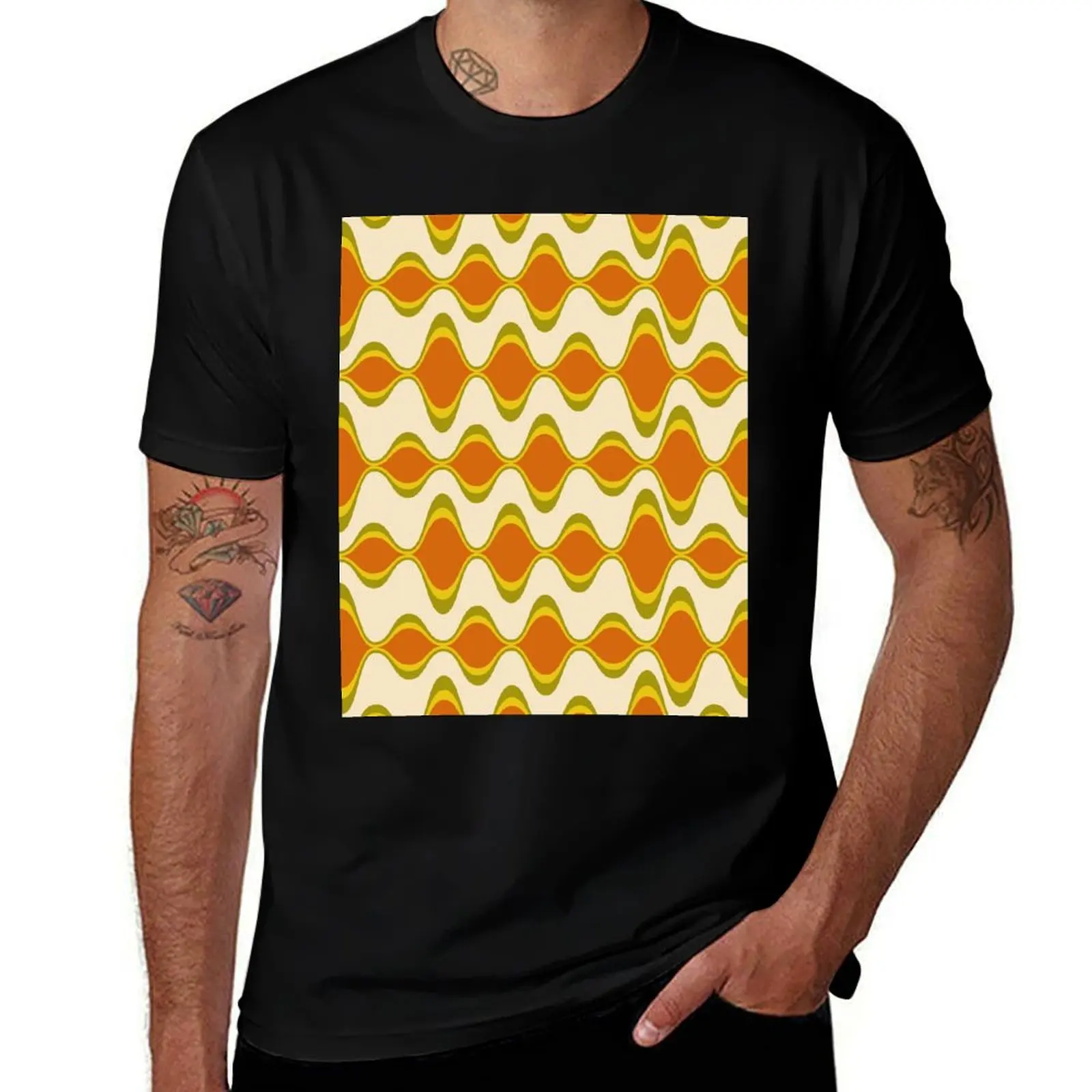 Retro Psychedelic Wavy Pattern in Orange, Yellow, Olive T-Shirt Work Basic Short Sleeve Top T-Shirt