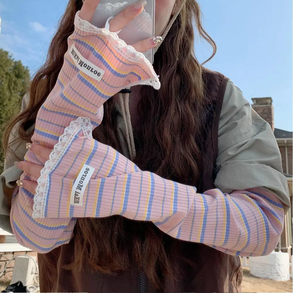 1 paio di maniche protettive estive per il sole, guanti da braccio dolci a righe, per guida all'aperto, maniche lunghe per protezione solare in pizzo