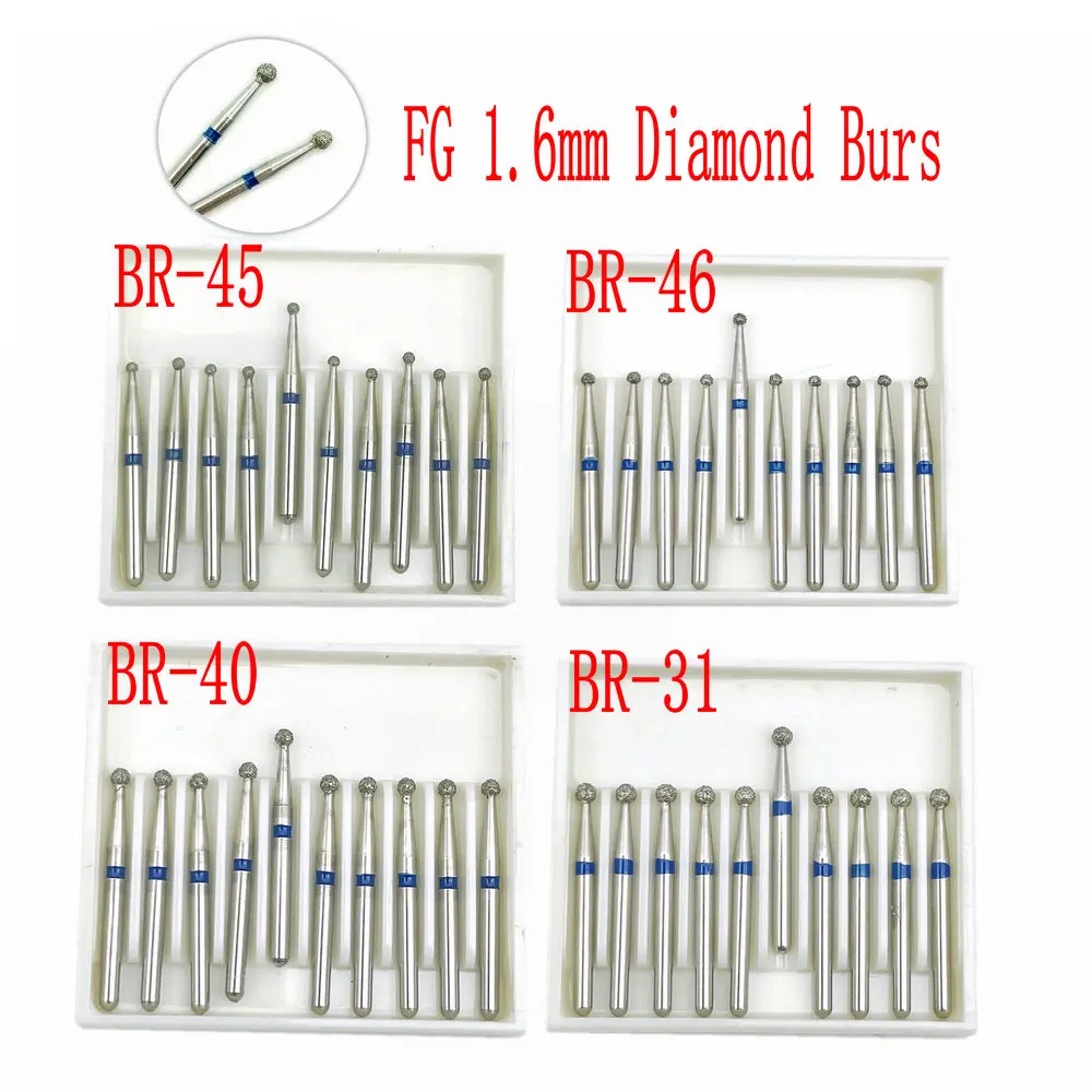 10pcs/box Diamond Dental Burs Drill FG Diamond 1.6mm Shank for High Speed Handpiece Burs Dental Diamond Burs