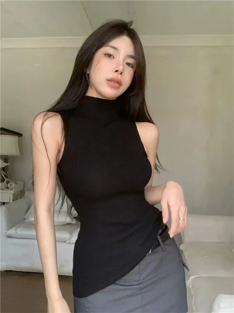 Turtleneck Knitted Tank Top for Women\'s Summer Sleeveless Stretch Sexy Slim Fitting Basic Top