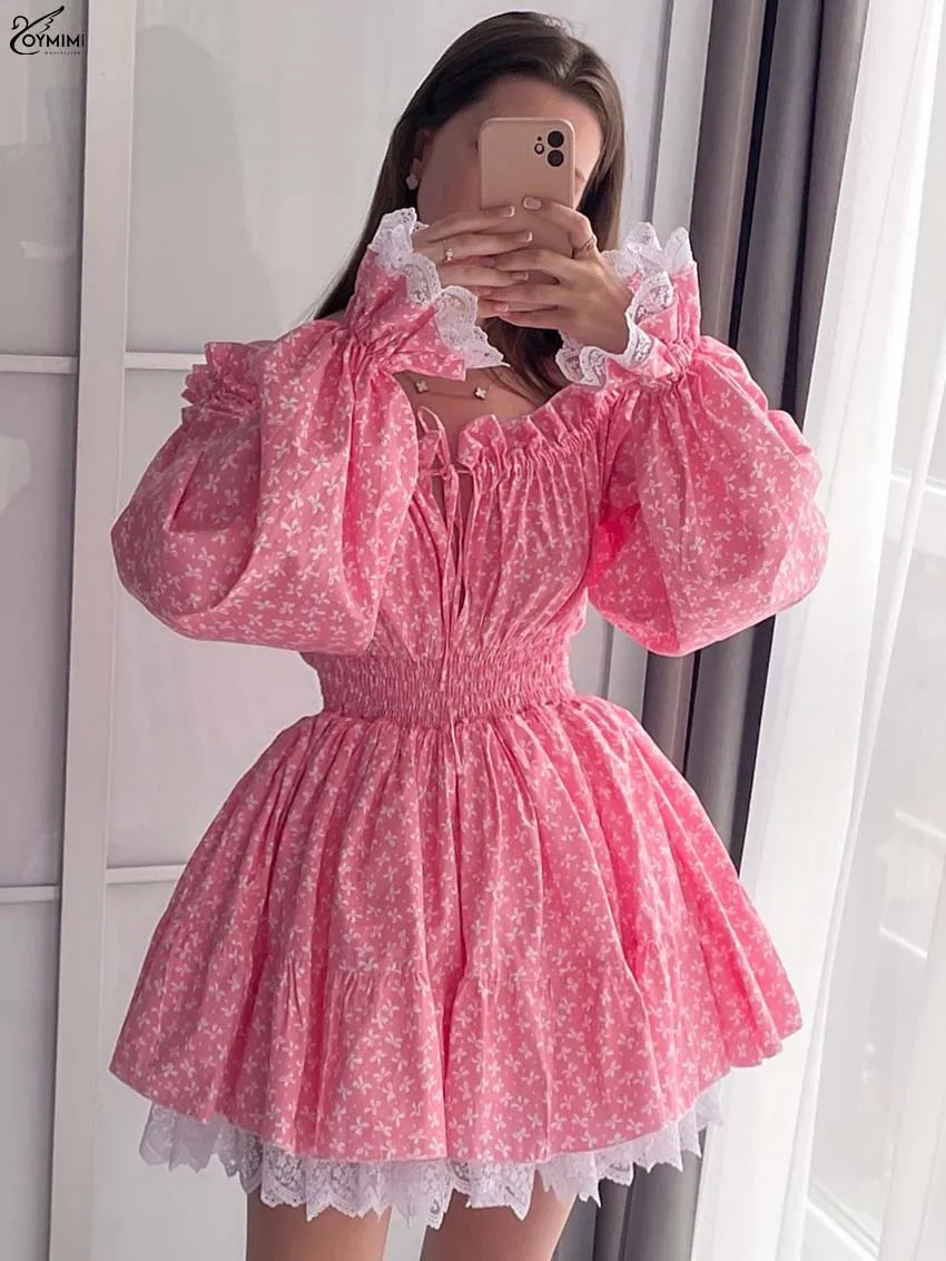 Oymimi Casual Pink Print Dresses 2025 Woman Fashion Strapless Long Sleeve Lace-Up Dresses Autumn Pleated Patchwork Mini Dress