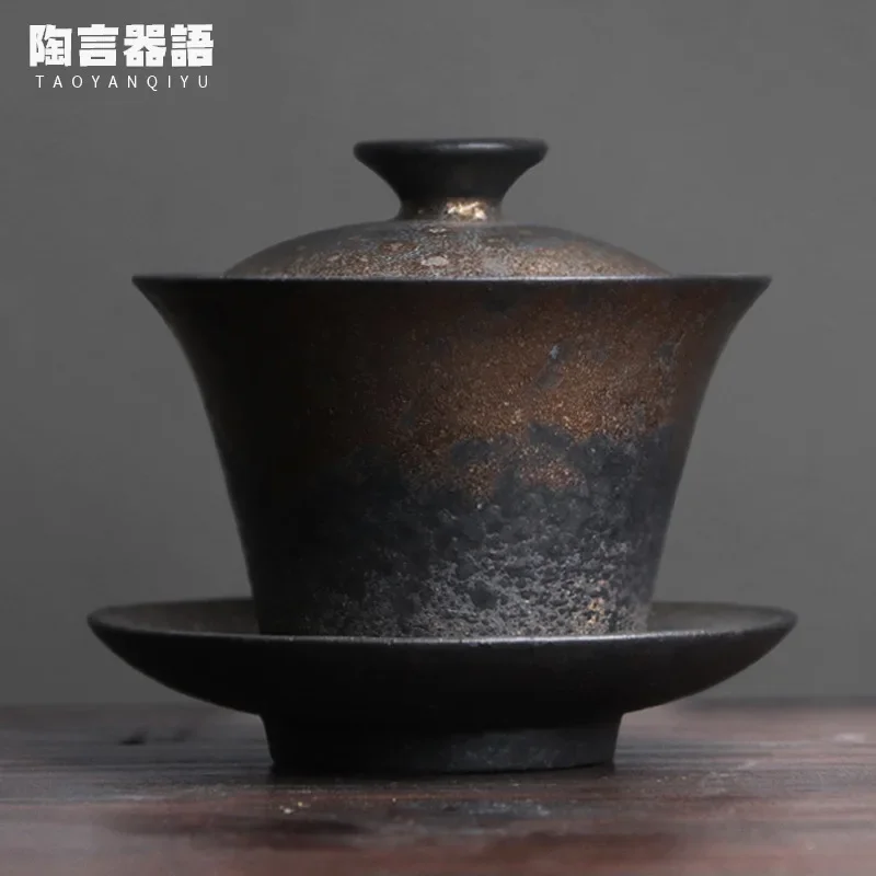 Handmade Japanese Style Kiln Change Black Gold Gaiwan Wide Mouth Kung Fu Tea Bowl Rough Pottery Tea Ware for Brewing Tea