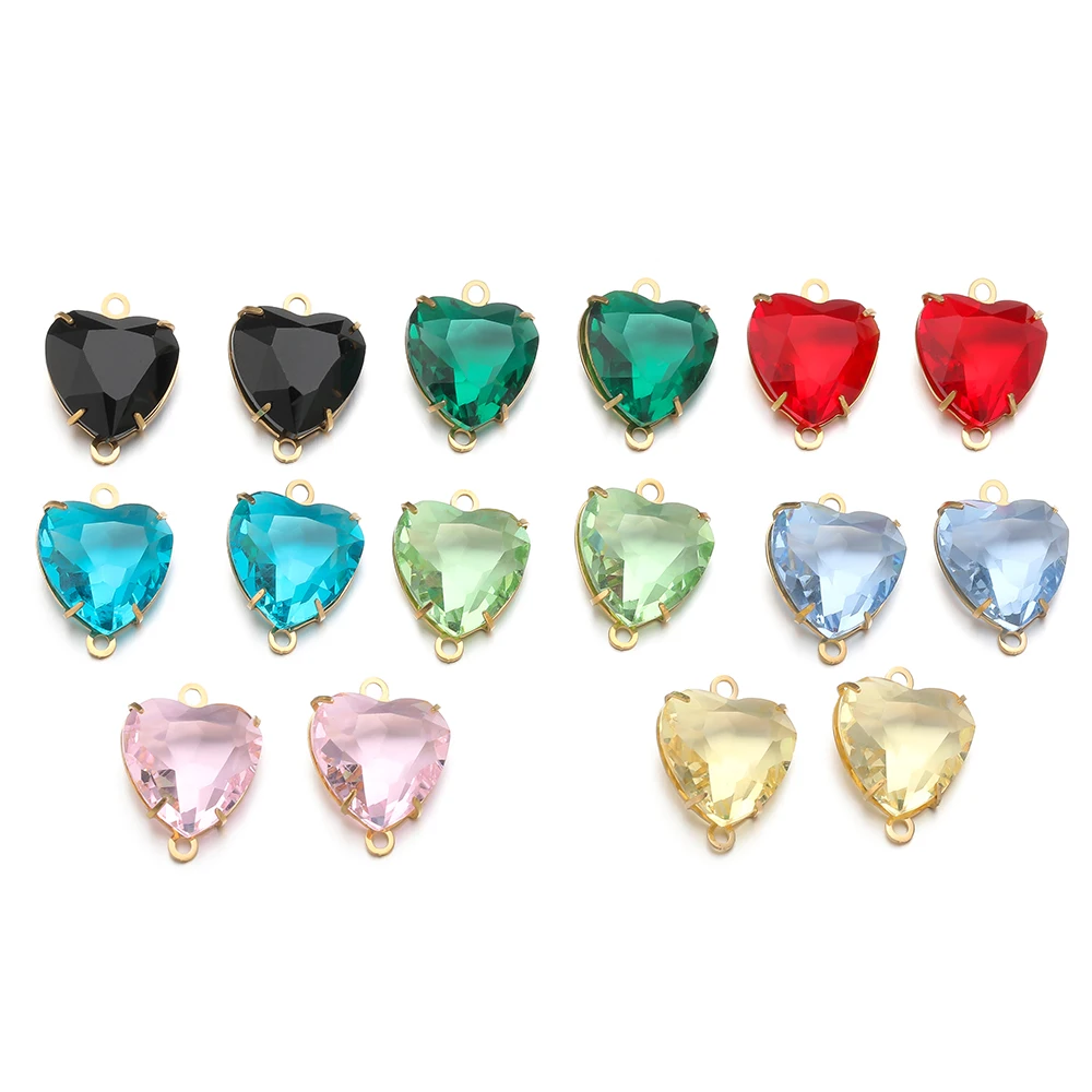 5Pcs Stainless Steel Glass Crystal Heart Double Hole Charms Pendants for DIY Jewelry Bracelets Necklaces Connectors Wholesale