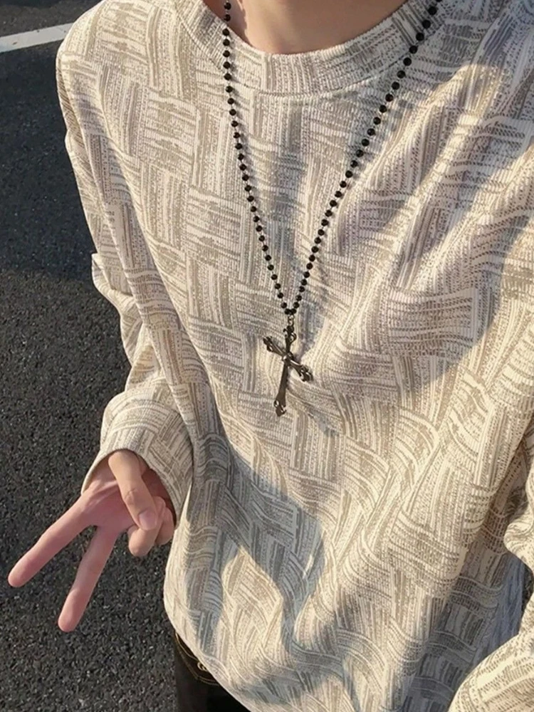 Spring Men's Tie Dye Check Long Sleeve Tee American Style Loose Casual Inner Wear Base Layer Pullover Top