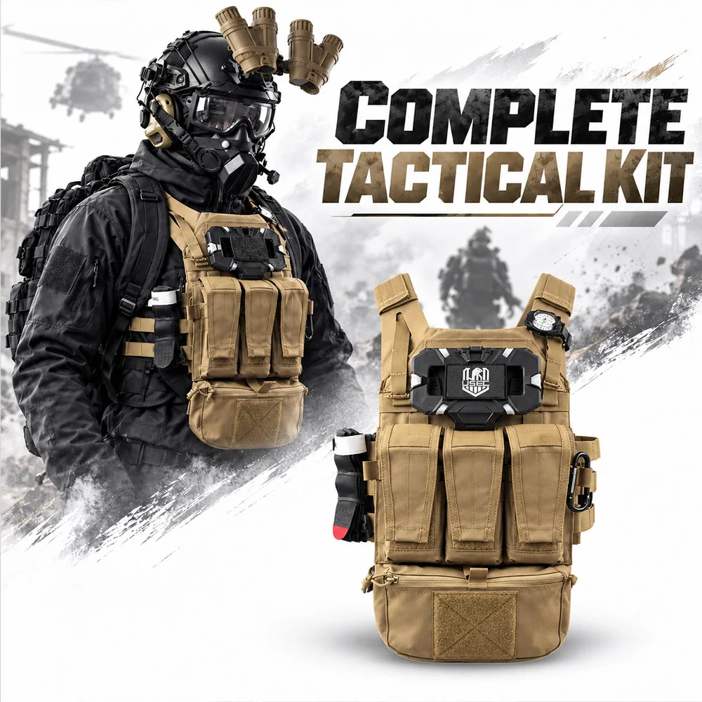 7 in 1 Tactical Helmet Set with Combat Vest for Men, Full Set of Airsoft Cosplay Gear for CS Games Halloween Parties Role Play