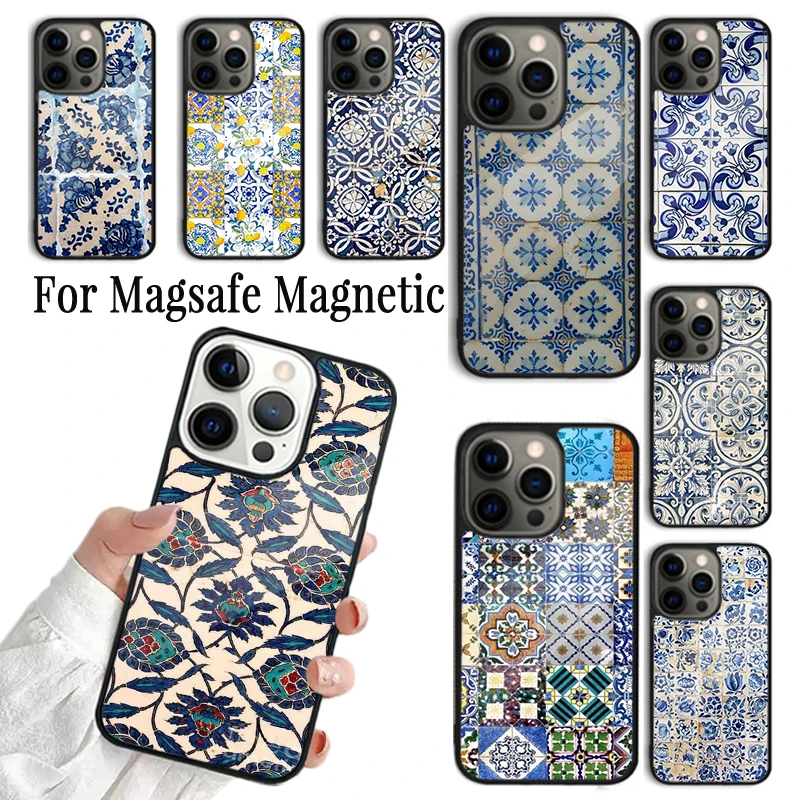 Coque Phone Case For iPhone 16 15 14 13 12 Mini 11 Pro Max Plus Magsafe Magnetic Wireless Charging Cover Portuguese Tiles