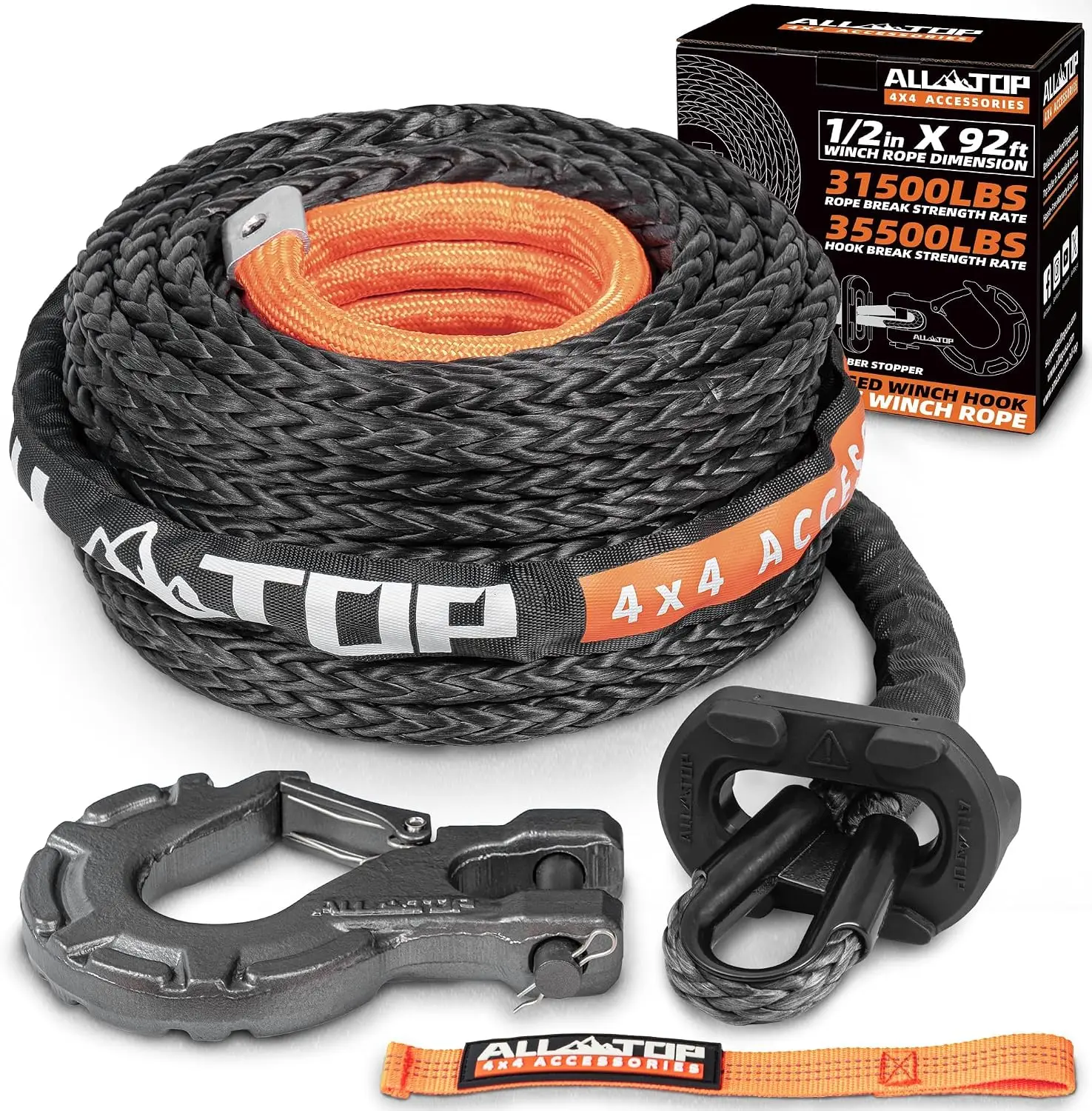 Synthetic Winch Rope w/Hook & Isolator, 1/2in x 92ft, 31500Lbs UHMWPE Cable Replace Kit, Forged Hook & Rubber Stopper & Safety