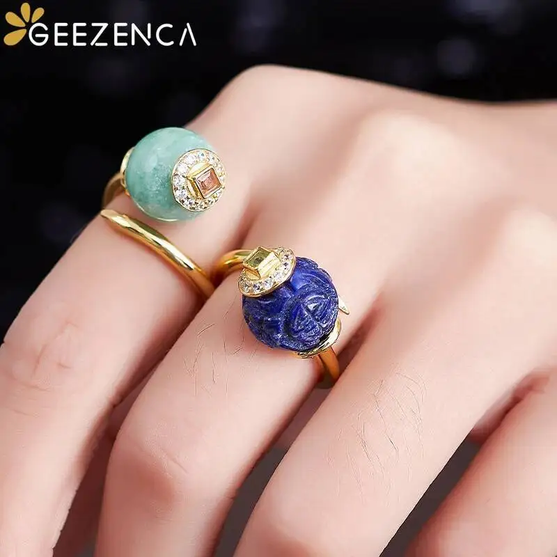 GEEZENCA Natural Lapis Lazuli Jadeite 925 Silver Zircon Open Ring For Women 18K Gold Nail Shaped Chic Luxury Rings 2024 New Gift