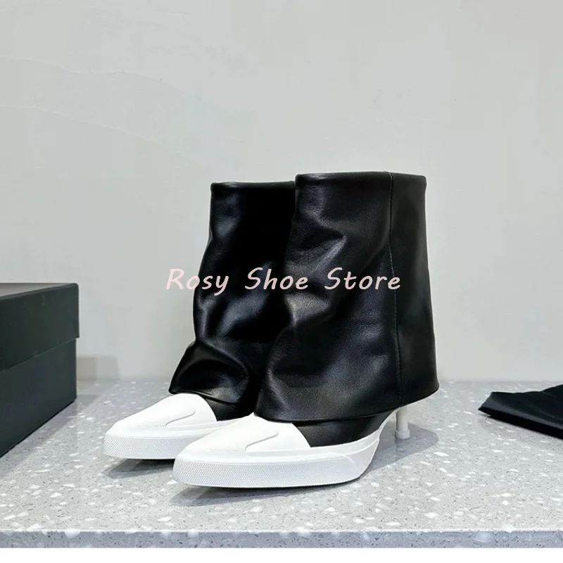 

Women's White Pointed Toe Black Waterproof Leather Trouser Boots Concise Flat Stiletto Long Short Boots Hot Chick Versatile Boot