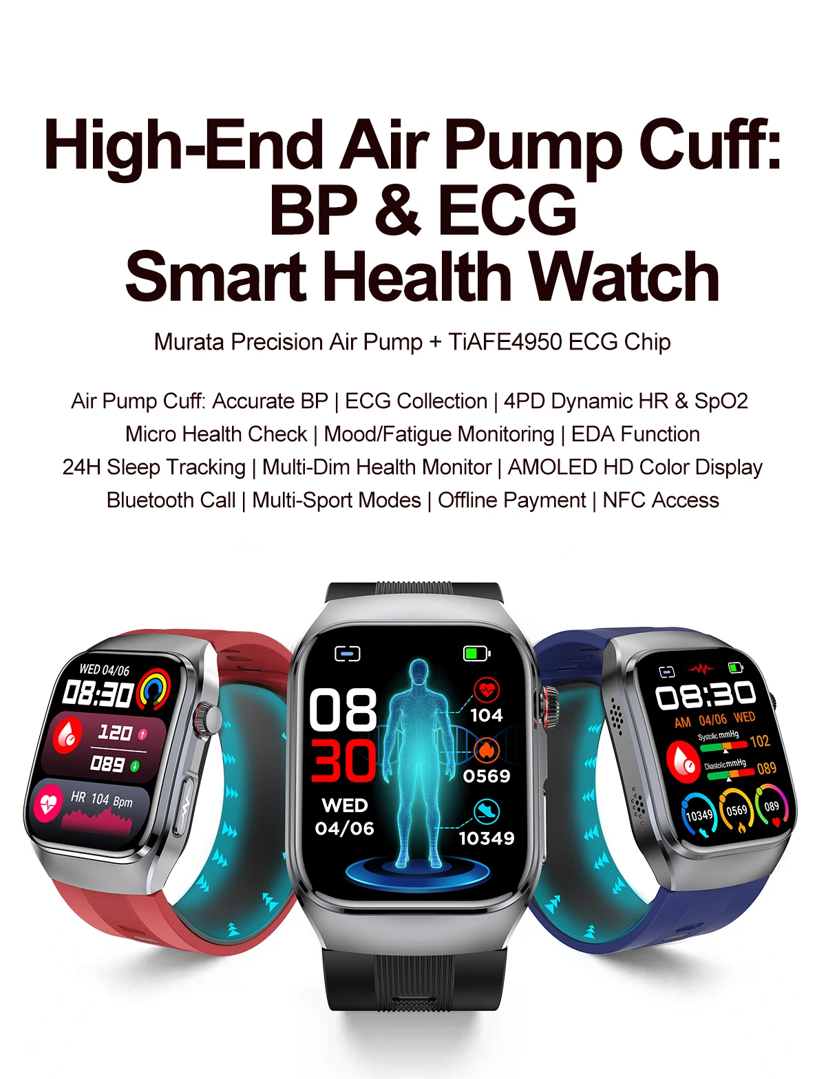 S100 High-Precision Piezoelectric Ceramic Air Pumps-Japanese Murata Brand Android Square Design AMOLED Display IP66 Smart Watch