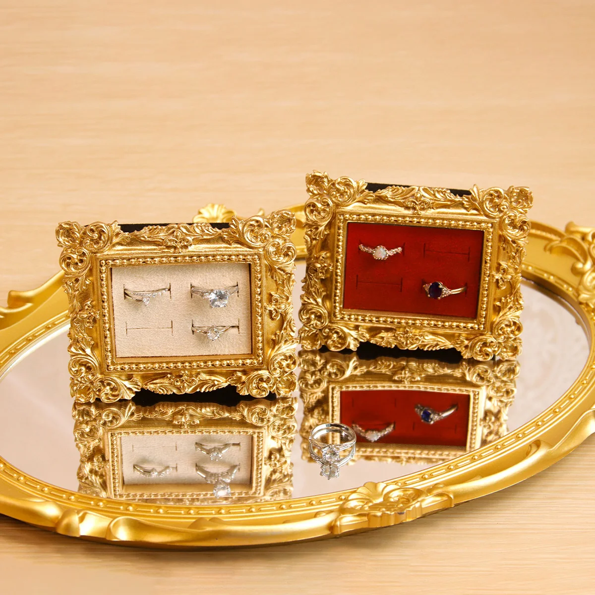 حامل عرض خاتم ذهبي عتيق، صينية حلق من جلد الغزال، تصميم باروكي، هدايا الزفاف وأعياد الميلاد، منظم مخملي لدعامة الخطوبة #1